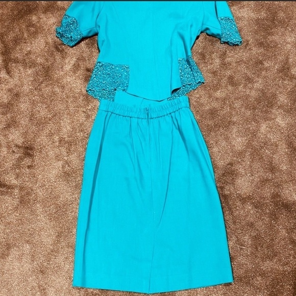 VINTAGE SL Fashions 2-piece skirt suit SET teal turquoise lace blazer 70s 80s - Picture 13 of 16